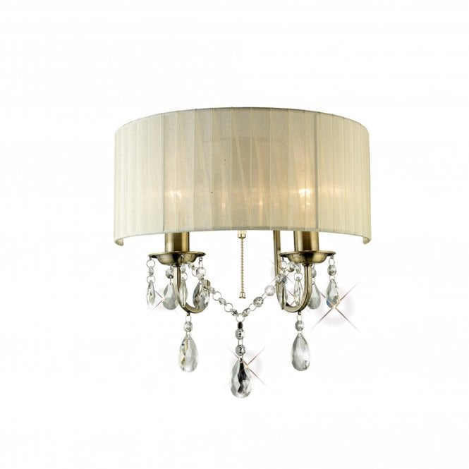 Diyas IL30064 Olivia Wall Lamp Switched With Ivory Cream Shade 2 Light Antique Brass/Crystal