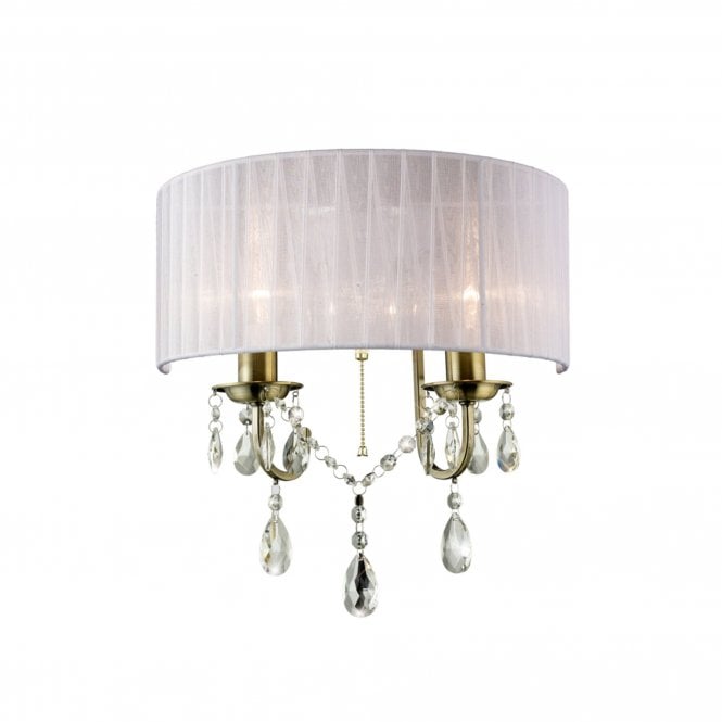 Diyas IL30064 Olivia Wall Lamp Switched With White Shade 2 Light Antique Brass/Crystal