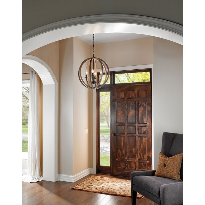 Allier 4 Light Pendant with weather oak wood and antique forged iron finish