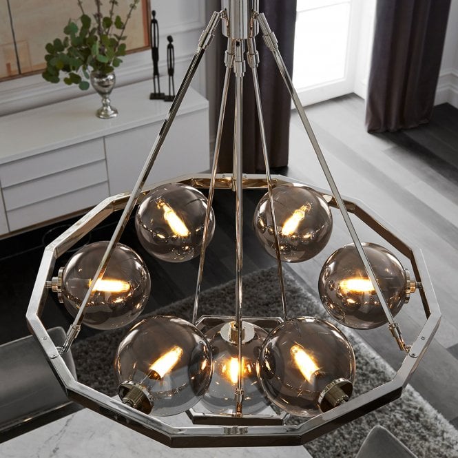 Harper 7 Light Chandelier Polished Nickel Smoked Glass
